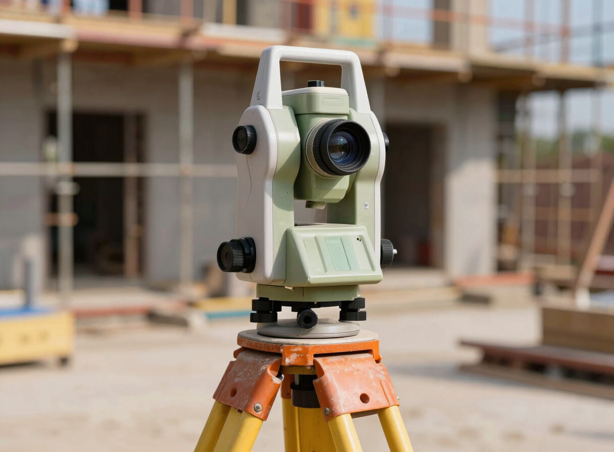 Close-up of a surveyor's total station instrument mounted on a yellow tripod, precision optics visible, dusty construction site in sharp background, hard midday directional light
