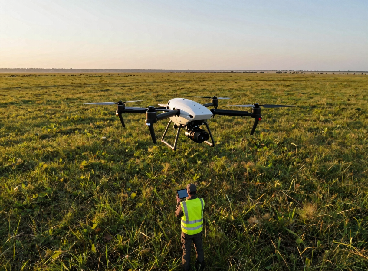 Survey drone in flight over a 30-hectare green parcel boundary, operator in hi-vis vest monitoring tablet below, wide savanna horizon, warm late-afternoon light raking across the terrain