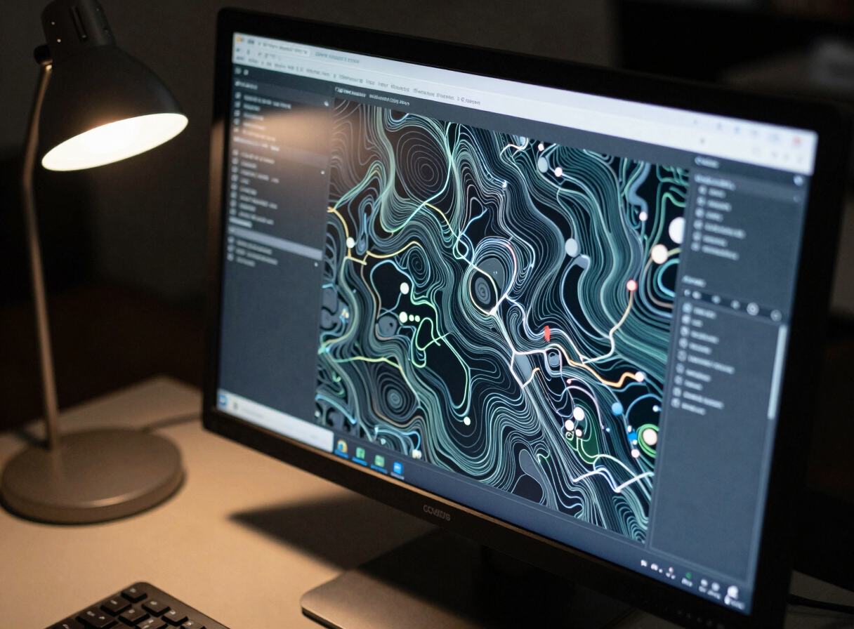 Close-up overhead shot of a COVADIS software interface on a monitor screen in a dimly lit survey office, topographic contour lines visible on screen, strong directional desk lamp, documentary conditions