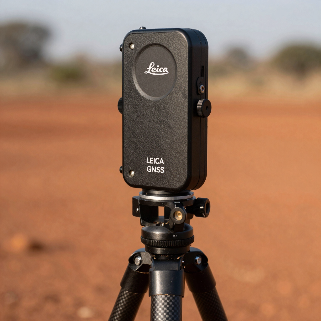 Close-up of a Leica GNSS receiver antenna head mounted on a carbon tripod, strong directional afternoon light, red African soil ground visible below, instrument markings sharp and legible, no human subject