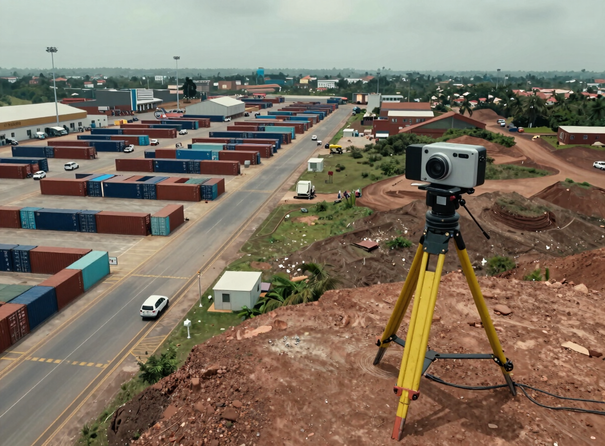 Wide aerial shot of a port container logistics facility in Cameroon — dock infrastructure visible on the left, surveying equipment on a tripod at the right foreground, overcast diffuse light revealing terrain relief clearly