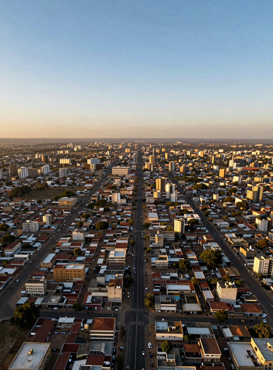 Wide panoramic aerial drone shot looking straight down over a Cameroonian city grid at golden hour — road networks and building footprints rendered as precise geometric patterns, the terrain glowing amber and deep shadow, a single surveying tripod silhouette visible at the far left edge, vast sky above the right third