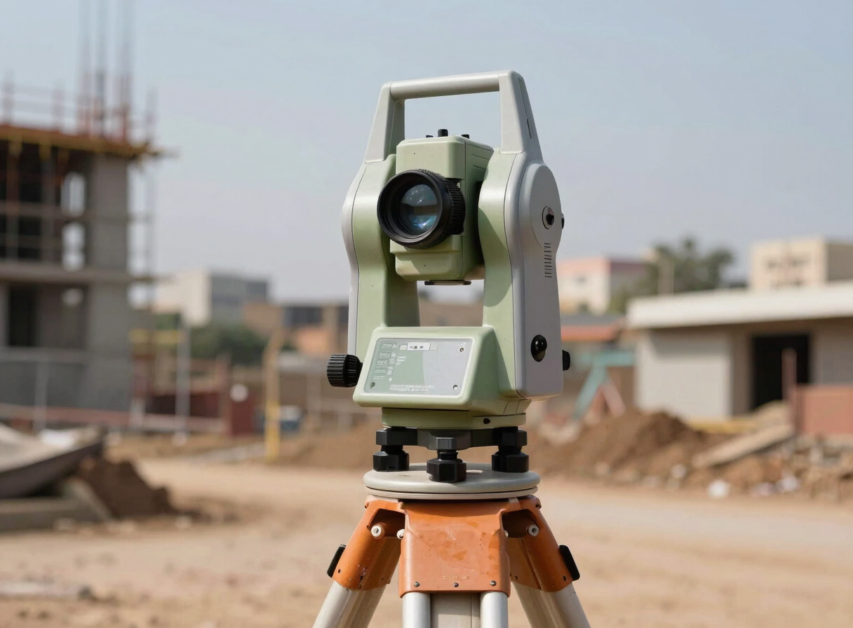 Close-up of a surveyor's total station instrument on a tripod against a blurred background of an African urban construction site at midday, precision optics in sharp focus, concrete structures rising in the distance