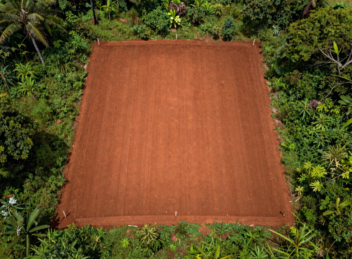 Aerial drone view looking straight down at a freshly bounded land parcel in Cameroon, boundary stakes driven into red laterite earth visible at corners, surrounding vegetation dense green, documentary daylight conditions