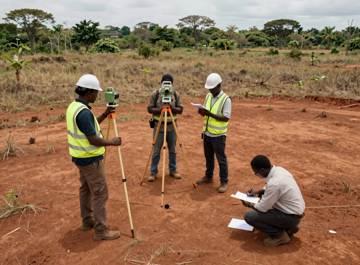 Overhead wide shot of a four-person surveying team working a boundary demarcation in a cleared Central African field — two technicians holding survey poles at marked boundary pegs, one engineer reading a total station, one crouching over field notes, documentary daylight, red laterite soil, green tree line at the horizon, no faces turned to camera
