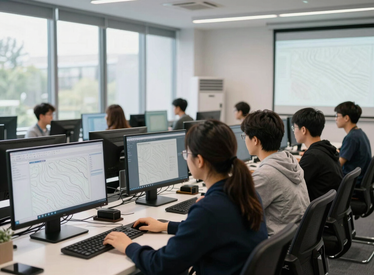 Participants seated at workstations during a COVADIS software training session in a professional room, screens showing topographic profile data, natural window light, focused documentary atmosphere