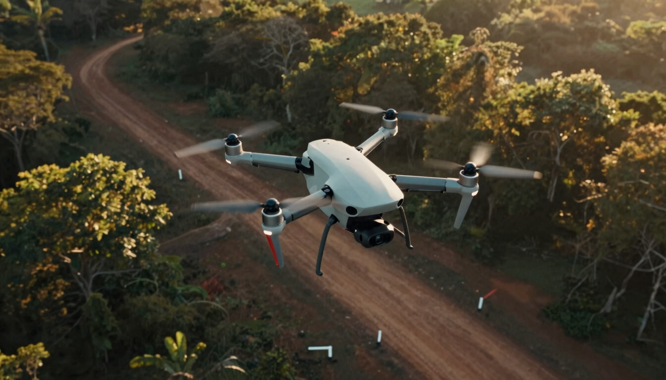 Video thumbnail: aerial drone footage frame showing a DJI quadcopter mid-flight over a Cameroon survey site, boundary stakes visible below, forest canopy edge, golden morning light, documentary quality