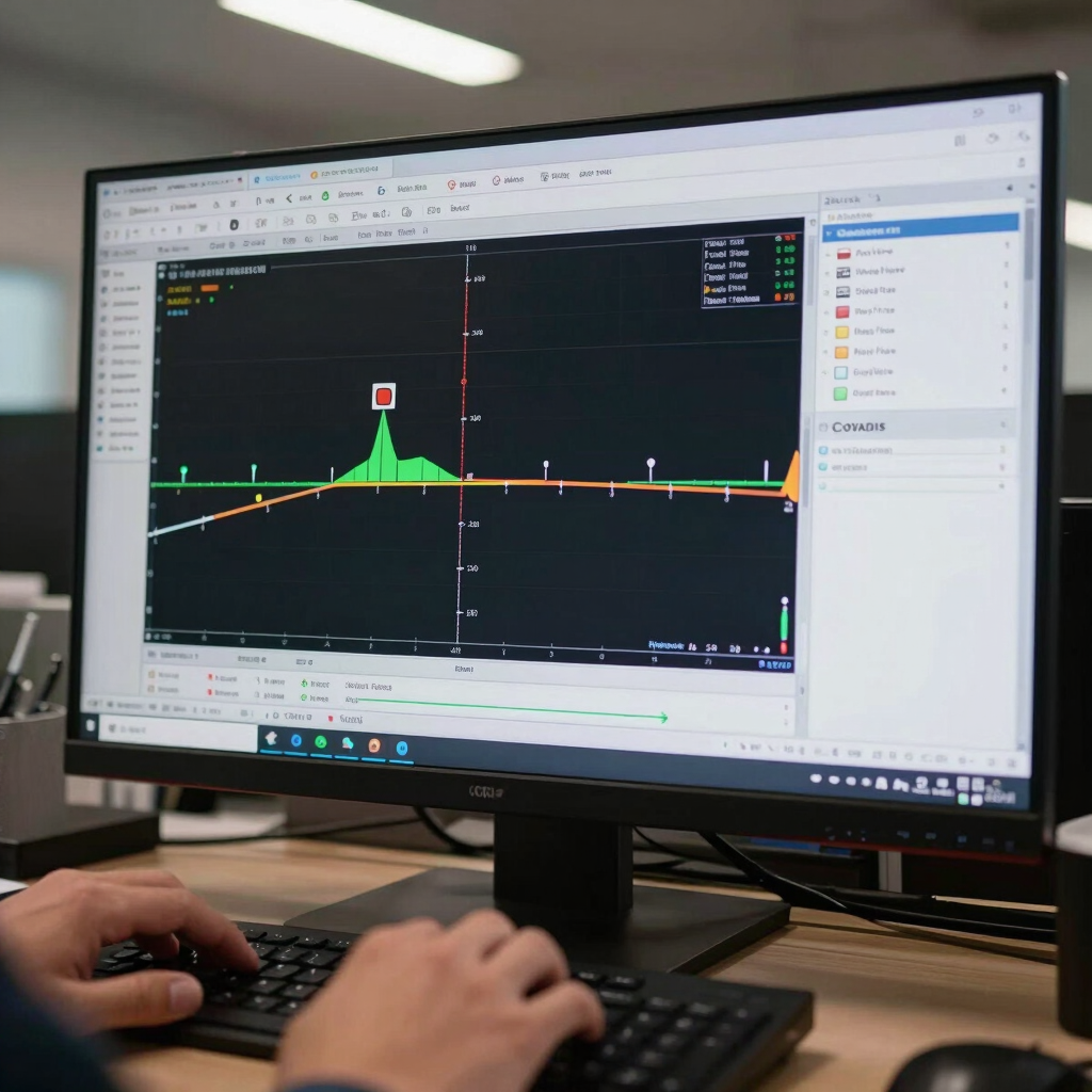 Close-up of a technical workstation screen showing COVADIS road profile design software with elevation cross-sections and alignment data, engineer's hands resting on keyboard partially visible, overhead office lighting, technical drawing precision