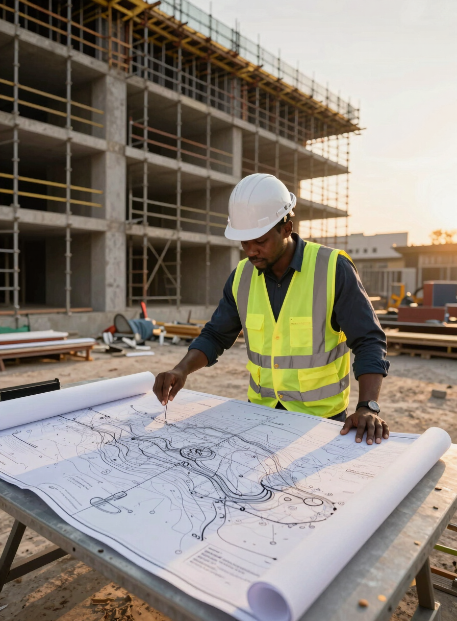 Wide shot of a Cameroonian engineer in a hard hat and high-visibility vest reviewing large-format topographic plan drawings spread on a site table outdoors, construction scaffolding and partially built urban infrastructure visible behind, golden afternoon light, confident posture, framed from the side at mid-distance to show both the plans and the project site in context