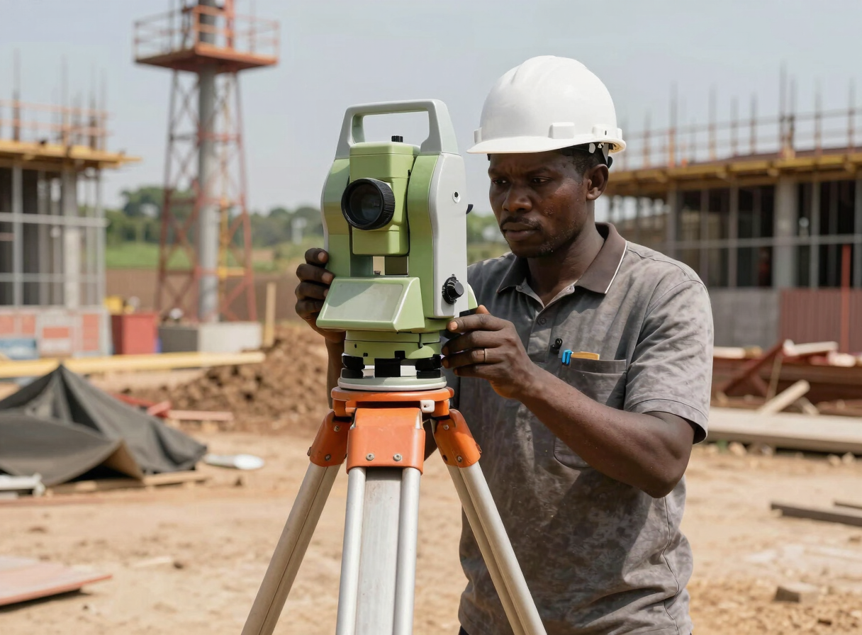Surveyor operating a total station on a tripod at a VRD construction site in Cameroon, hard-hat worn, site infrastructure visible in the background, strong midday directional light, documentary conditions