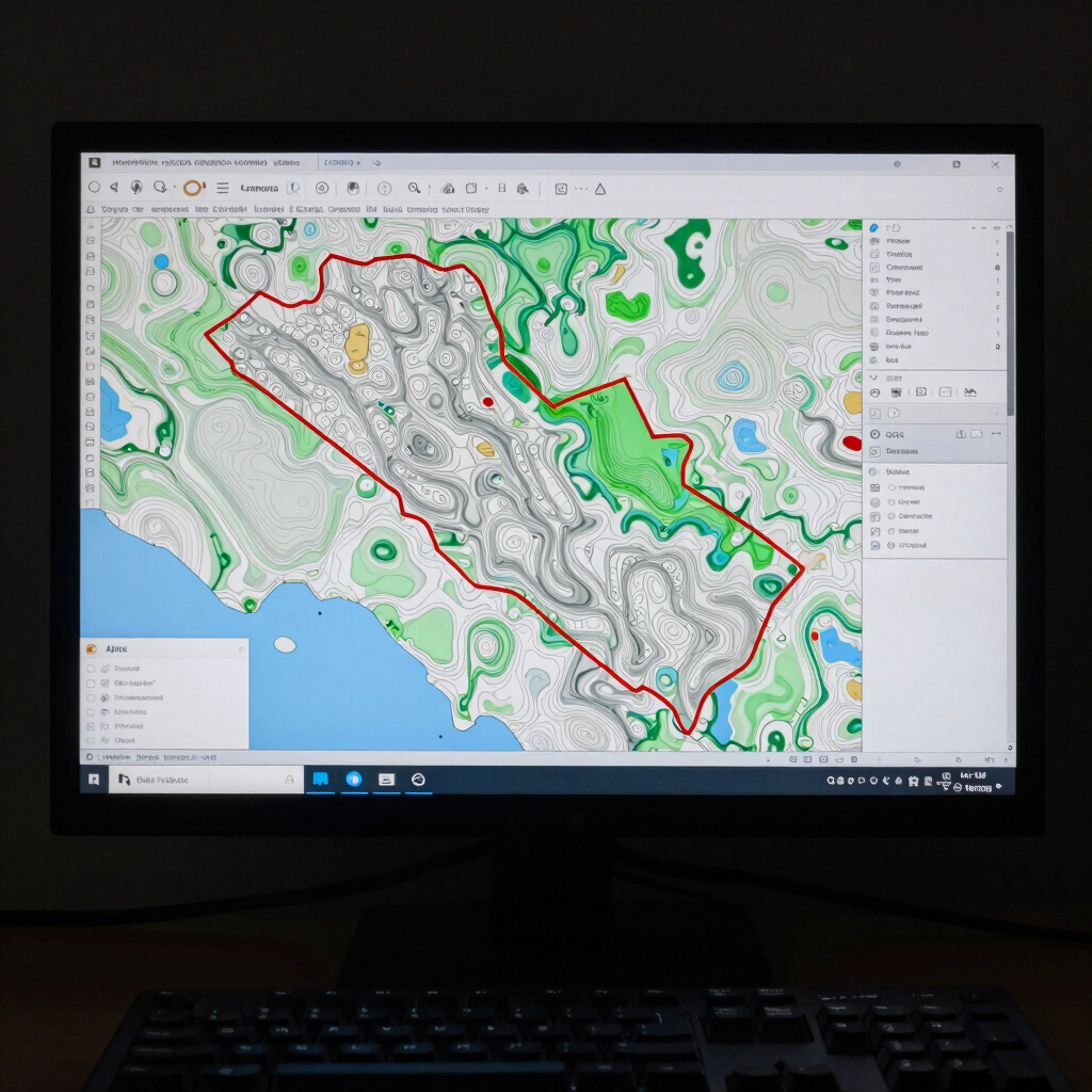 Computer monitor displaying a QGIS geographic information system map of a land parcel boundary in Cameroon, screen glow as primary light source, dark office environment, topographic contour lines visible on screen, keyboard in foreground