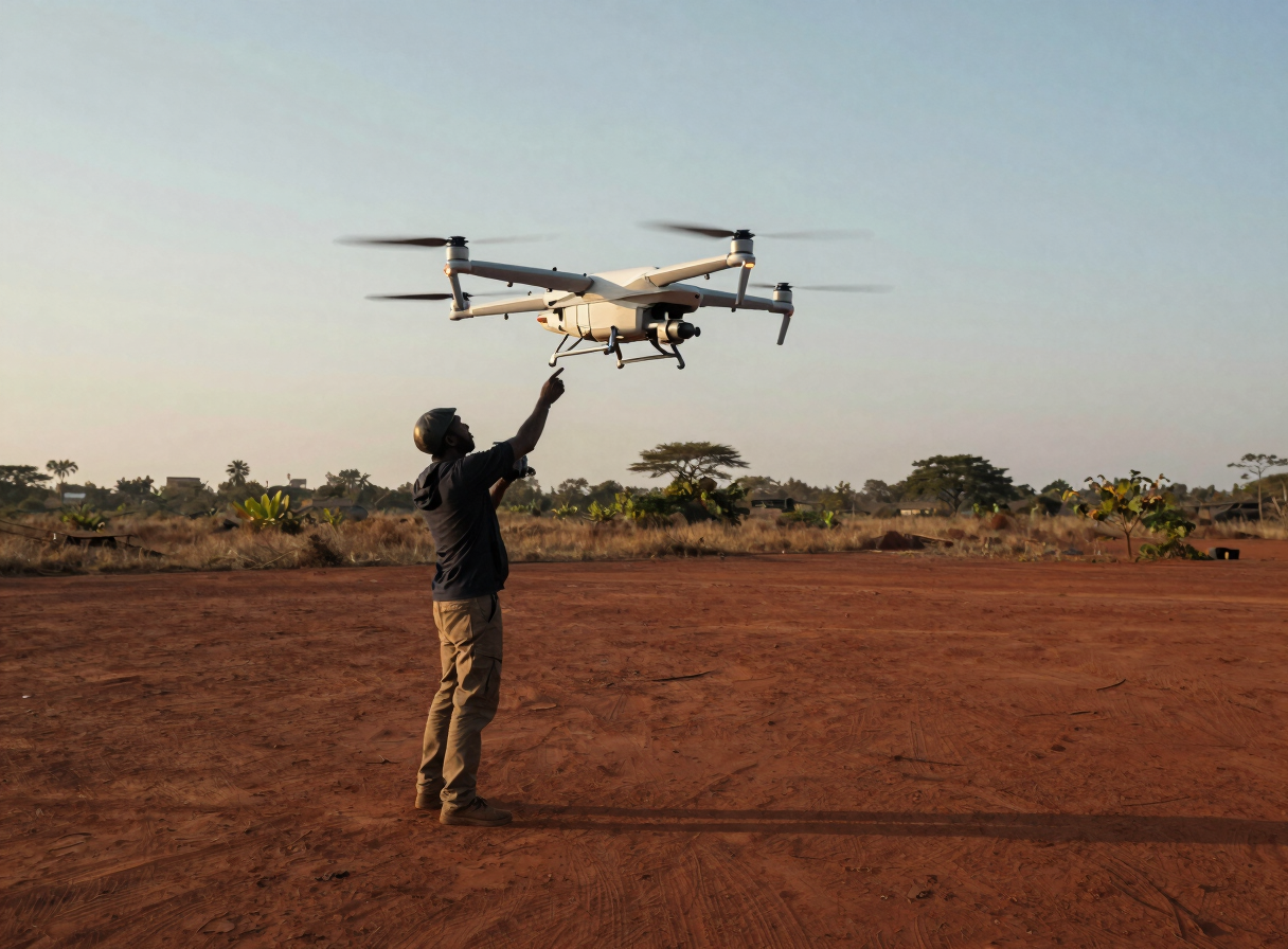 Drone operator launching a mapping UAV over a wide open terrain survey area in Cameroon, early morning light, red laterite soil and sparse vegetation below, technical documentary framing