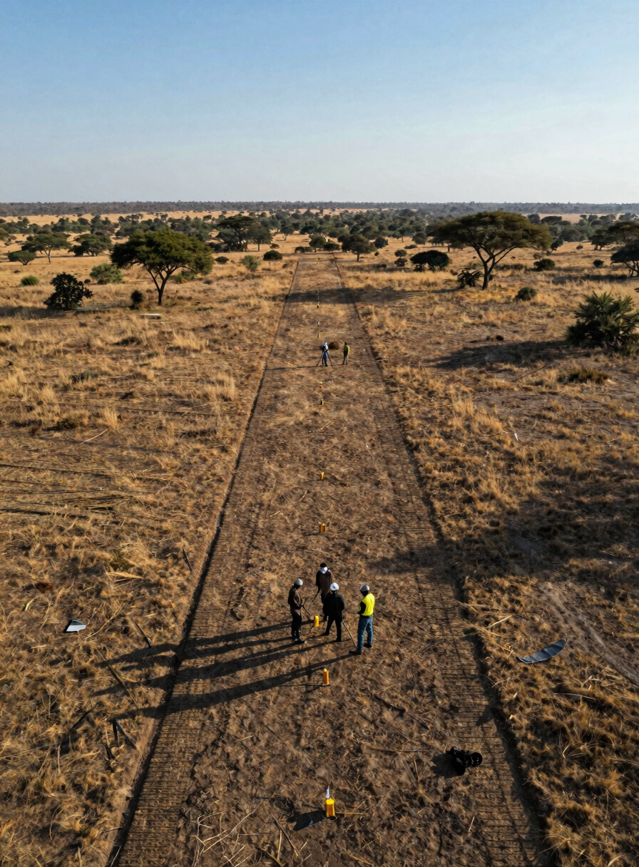 Aerial drone perspective looking down at a surveying team of four technicians working across a marked land parcel boundary in Central African savanna, boundary stakes visible, long afternoon shadows, wide environmental framing with generous sky at top
