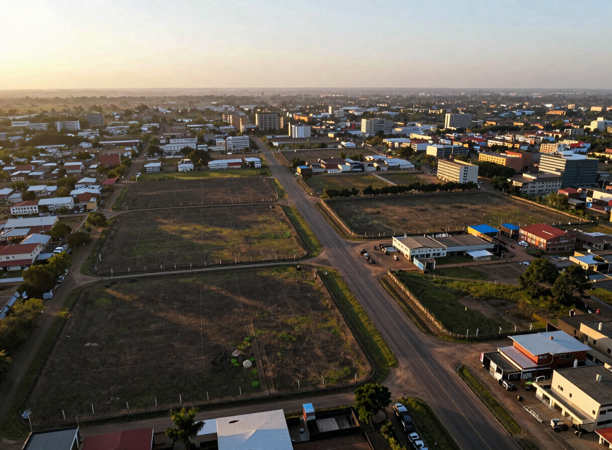 Wide aerial drone photograph of the MAETUR Yaoundé residential development site, land parcels delineated by survey stakes, access road under construction cutting through the site, golden-hour directional light from the left