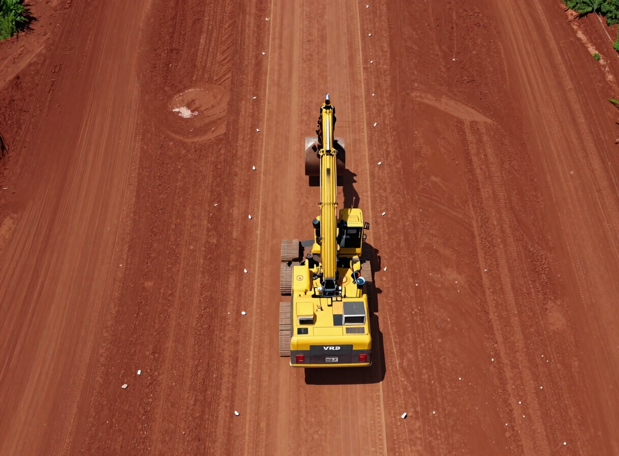 Aerial drone photograph looking straight down at a red-laterite road VRD construction site, yellow machinery at work, survey stakes marking the alignment, strong equatorial noon light