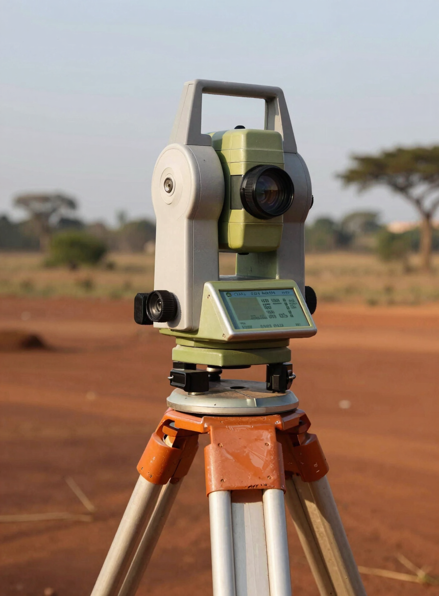 Close-up of a surveyor's total station theodolite mounted on a tripod in the field, Cameroon landscape behind, natural afternoon light catching the instrument's metallic casing, red laterite soil and sparse savanna vegetation visible in the blurred background, framed from a low angle looking up toward the instrument against an open sky