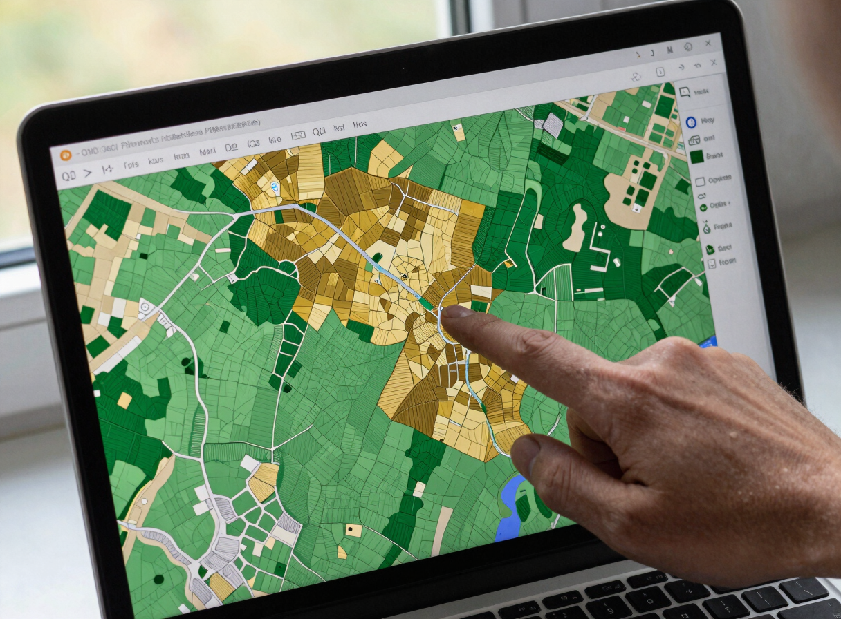 Overhead close-up of a laptop displaying a QGIS map layer with land parcel boundaries in vivid green and gold tones, hand pointing to a parcel on screen, natural window light, documentary framing