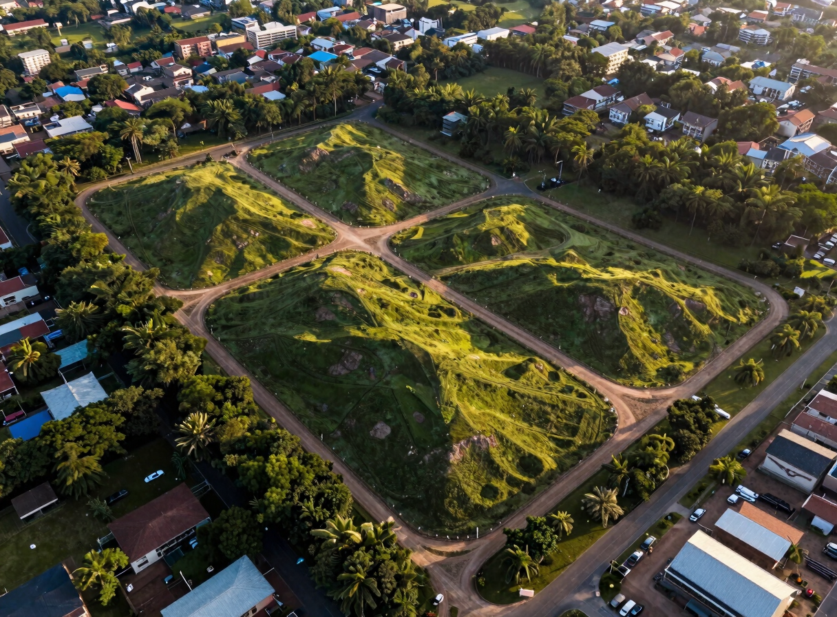 Aerial drone photograph of a residential development site in the NgoussoHGY district — boundary markers delineating individual plots, dense urban green surroundings, directional late-afternoon light picking out terrain relief