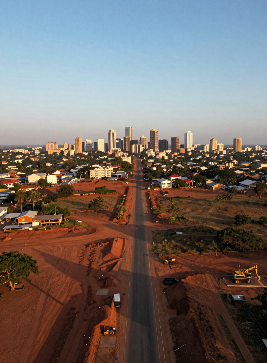 Wide panoramic aerial drone shot at golden hour over a Cameroonian urban fringe — newly graded road infrastructure cutting through red-earth terrain toward a mid-distance city skyline, long shadows stretching left, expansive sky occupying the upper third, construction machinery visible at lower right