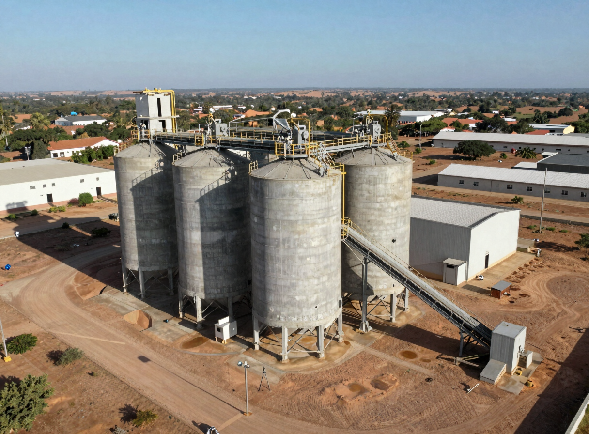 Low-angle aerial drone photograph of a cement plant industrial complex set in an arid Cameroonian landscape near Figuil — large silos and conveyors visible, surveying tripod in the foreground left, directional midday light casting long equipment shadows
