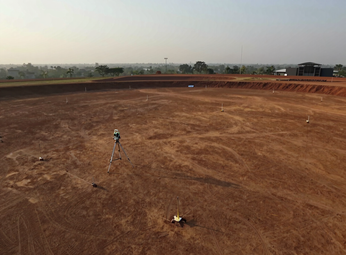 Wide-angle drone shot over a vast cleared plateau designated for a major auditorium construction project in Cameroon — site perimeter stakes visible, total station instrument set up at center-left, diffuse morning light revealing gradients in the earth