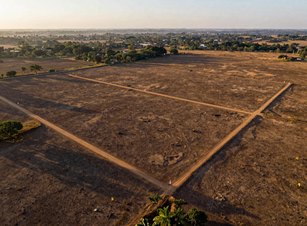 Drone aerial of a 32-hectare parcel of cleared equatorial land near Bertoua, Cameroon — surveying boundary markers visible at corners, laterite paths crossing the plot, golden-hour light casting long shadows across the flat terrain
