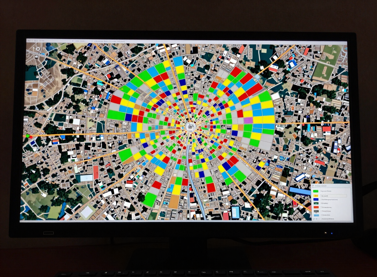 Top-down orthographic view of a GIS map on a monitor screen in a dark control room, colored vector layers showing road networks and land parcels over satellite imagery of a Cameroonian city, keyboard edge visible at bottom, dramatic side lighting