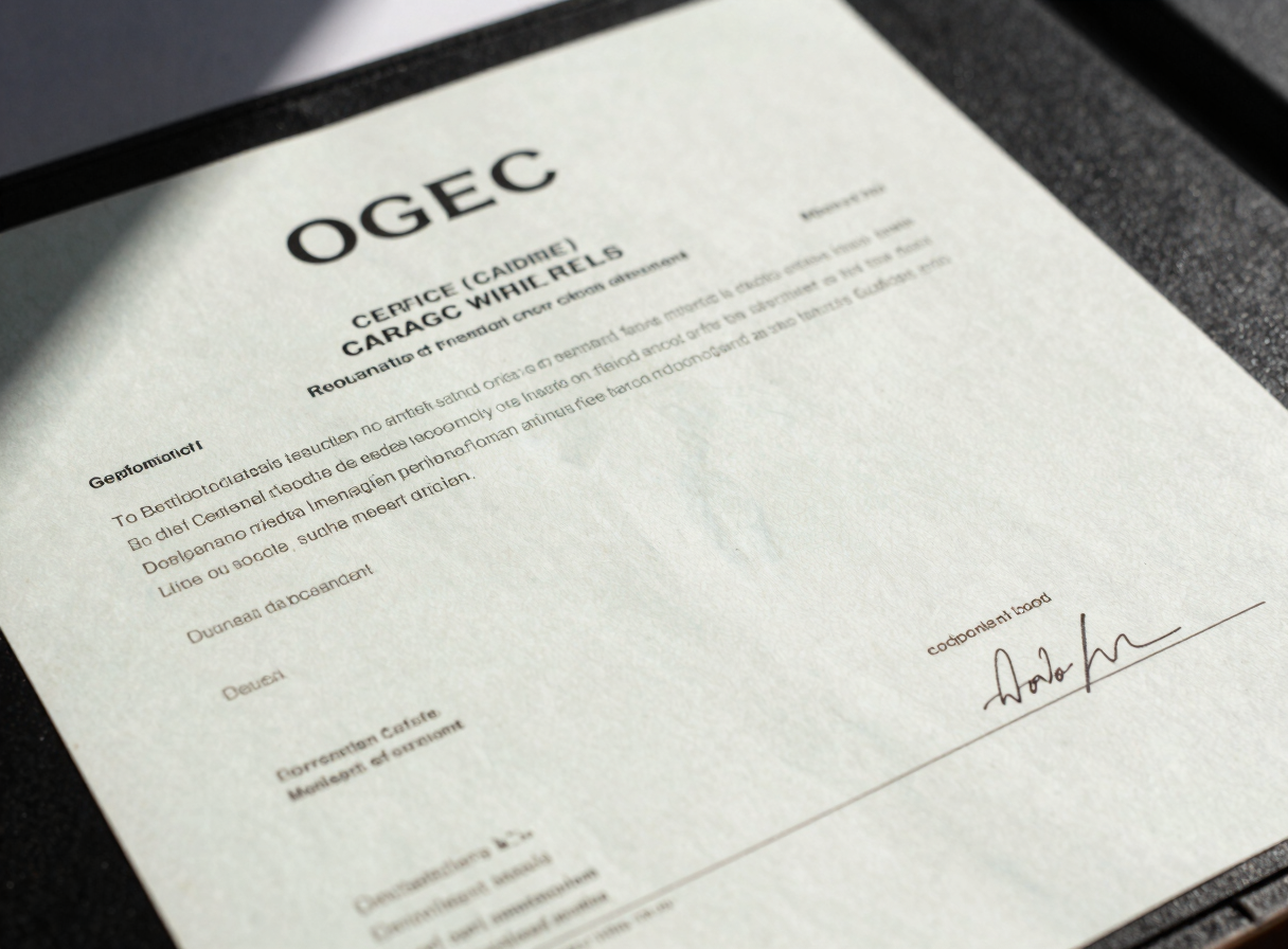 Overhead close-up of a certified OGEC cadastral document laid flat on a site desk, official stamp and surveyor signature visible, strong directional daylight, no faces, documentary still-life framing