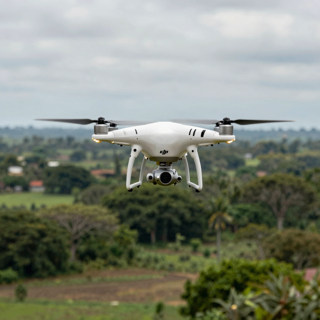 DJI Phantom drone in flight over a dense green Cameroonian landscape, photographed from slightly below against open sky, rotor arms sharp in focus, ground terrain visible below in soft focus, documentary natural light