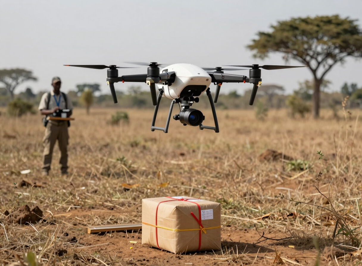 Survey drone lifting off from a marked parcel boundary stake in open savanna terrain, Cameroon landscape, technician in background with controller, wide environmental shot, midday hard light