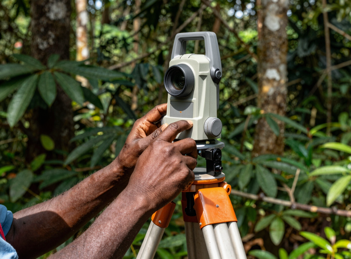 Close-up of a surveyor's hands operating a GNSS receiver mounted on a tripod in a dense green forest clearing, Cameroon, strong directional afternoon light, documentary framing