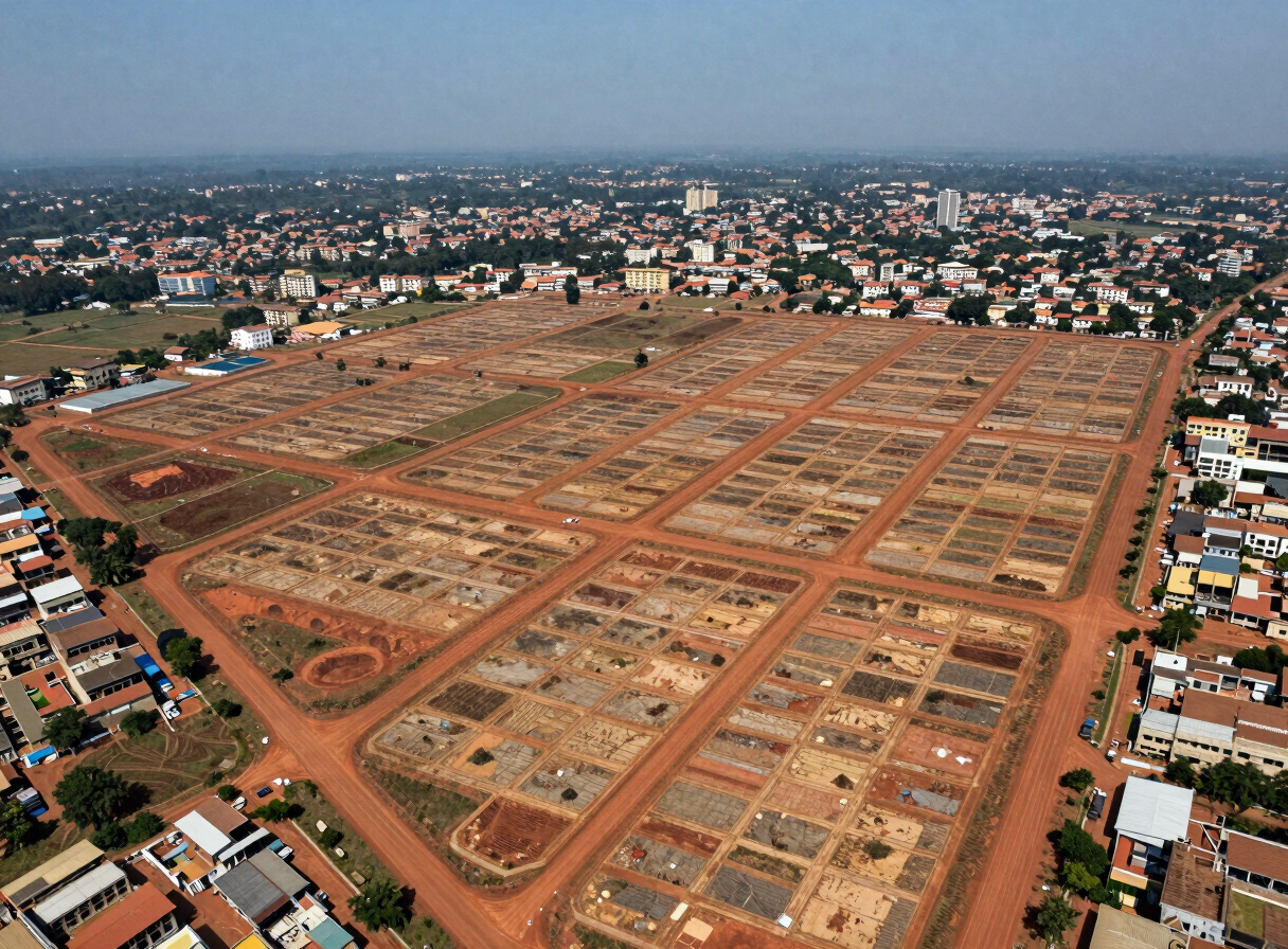 Wide aerial drone photograph of a planned urban district in Cameroon under development — grid of plotted land parcels visible from above, red-earth roads cutting geometric patterns, sparse emerging construction, blue sky above