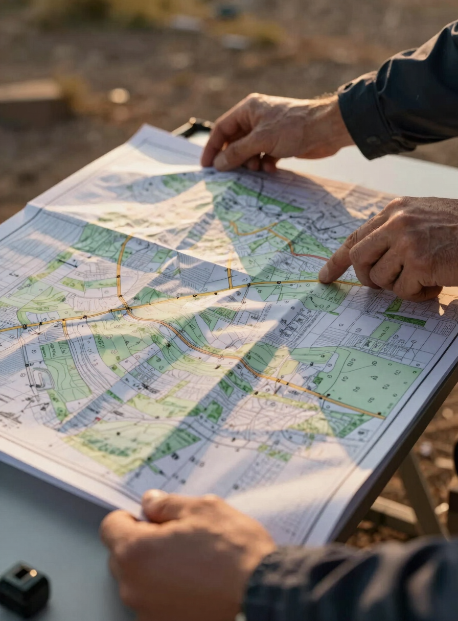 Close-up of a surveyor's hands unfolding a cadastral boundary map on a site table outdoors, strong golden-hour sidelight raking across the document surface, boundary parcel lines and plot numbers visible, surrounding terrain blurred in the background