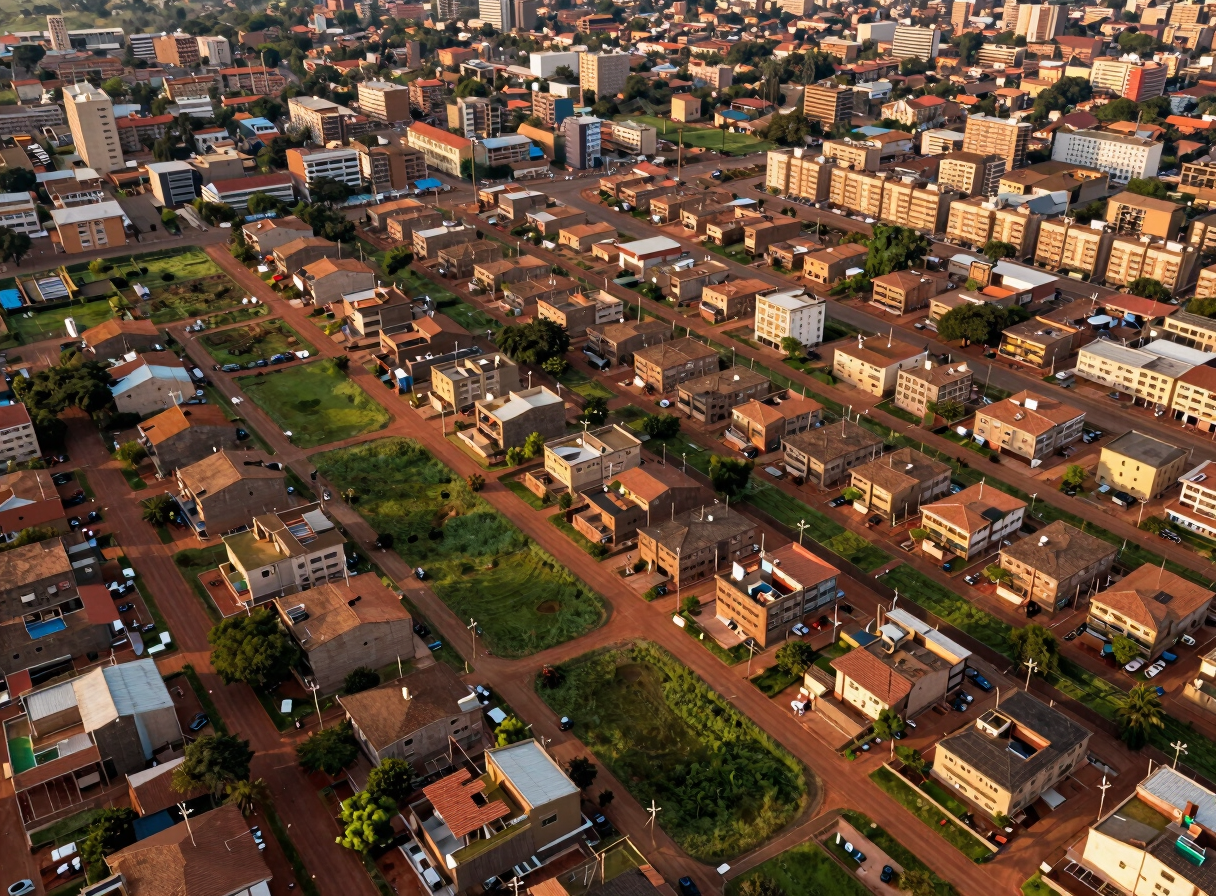 Overhead drone view of a large urban residential subdivision under development in Yaoundé, Cameroon — parcels marked with boundary stakes visible from above, red-earth roads cutting through green plots, late-afternoon golden light across the grid